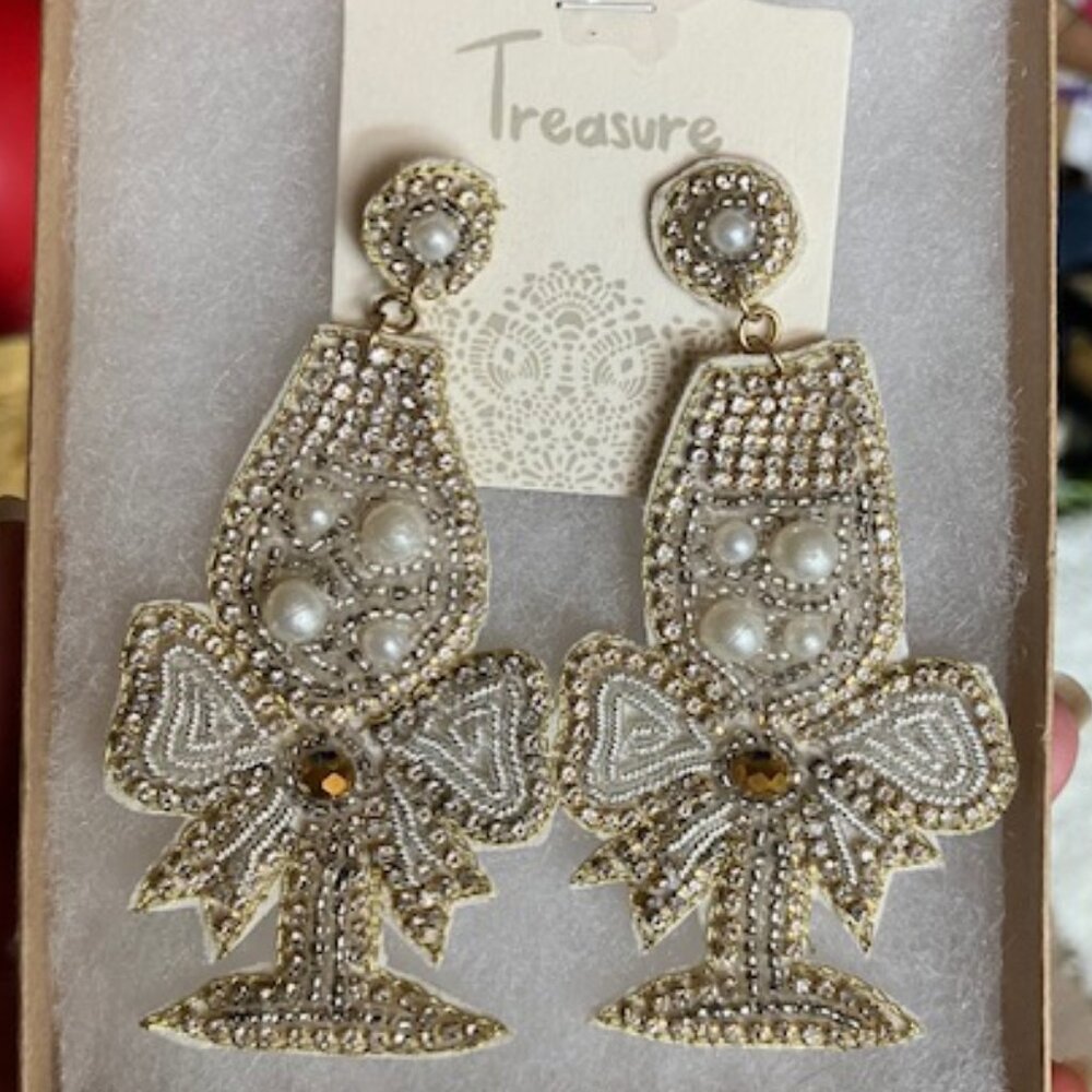 Whimsical Champagne glass with bow beaded felt earrings